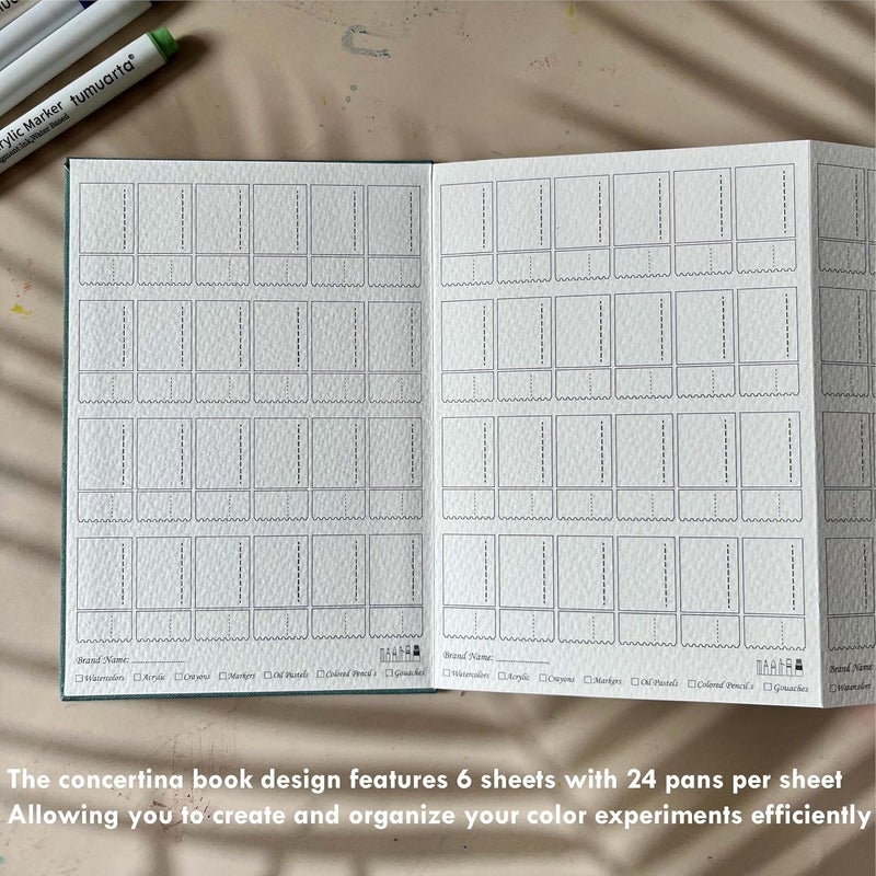 tumuarta Artist’s Color Swatch Book, 100% Cotton, 140 LB, 300GSM, Concertina Book, 24 Pan/Sheet, Painter`s Color Diary for Watercolors, Acrylic, Markers and Wet & Dry Media (7.5" x 5") - Image 4